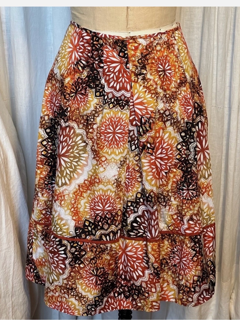 East 5th A-Line Tiered Medallion Skirt in Rust, Mustard & Cream